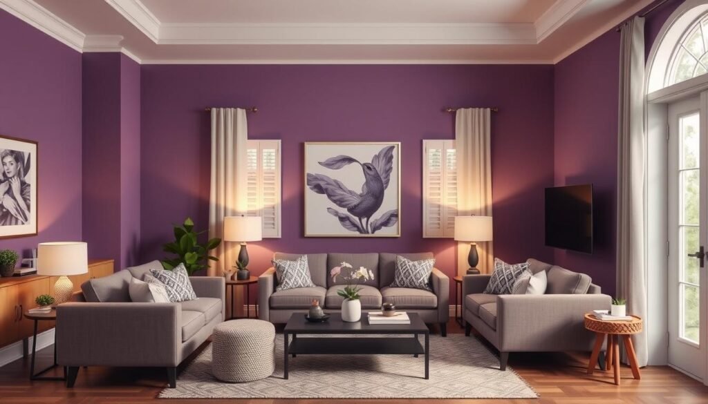 Generate an image of a living room painted with Purple Basil, Glidden's 2025 Color of the Year. an image of a living room painted with Purple Basil, Glidden's 2025 Color of the Year.