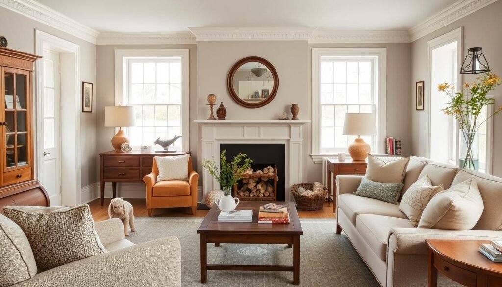 Generate an image of a living room painted with Tailor Tack by Farrow & Ball, featuring natural wood tones and cream textiles. An image of a living room painted with Tailor Tack by Farrow & Ball, featuring natural wood tones and cream textiles.