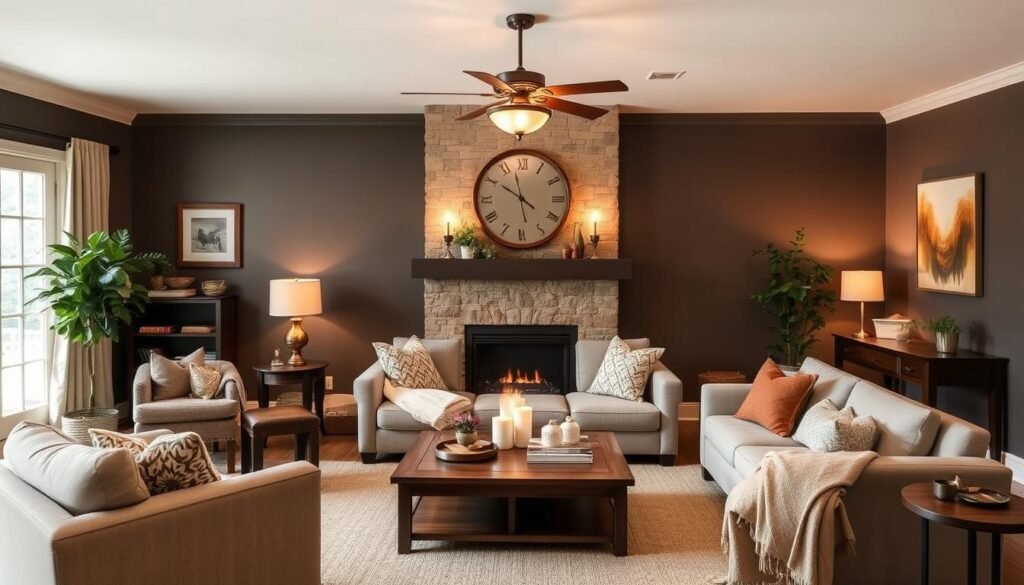 Generate an image of a living room with Cinnamon Slate walls by Benjamin Moore. An image of a living room with Cinnamon Slate walls by Benjamin Moore, illustrating living rooms trending in 2025.