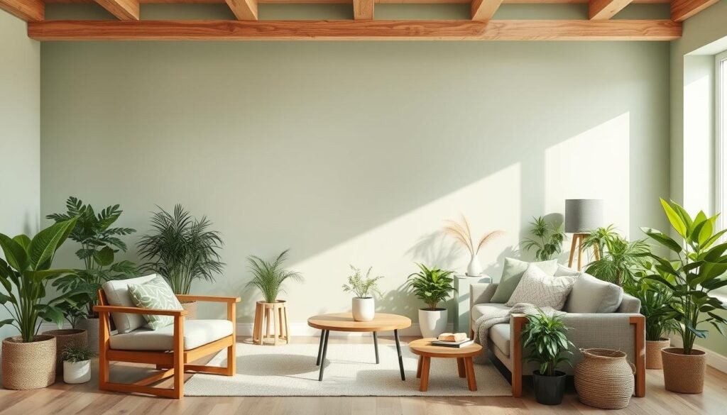 Generate an image of a serene living room with Quietude sage green walls, complemented by natural elements like wood furniture and plants. an image of a serene living room with Quietude sage green walls, complemented by natural elements like wood furniture and plants.