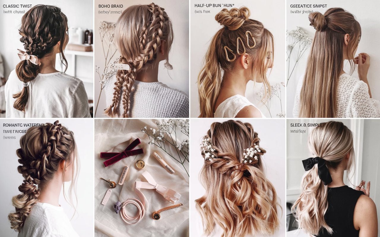 Collage of half-up half-down hairstyles including the Classic Twist, Boho Braid, Half-Up Bun, Romantic Waterfall Twist, and Sleek Style with a Bow, styled for everyday and special occasions.