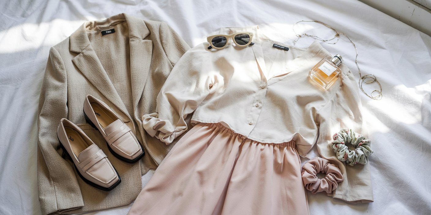 Woman wearing a pastel blazer, flowy skirt, and white sneakers stepping out of a spring café surrounded by soft greenery — a stylish blend of casual and classy spring fashion.