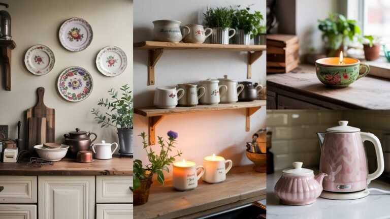 Collage of budget kitchen decor using thrifted ceramics: vintage plates on a wall, mismatched mugs on shelves, a teacup candle, and a mix of modern and antique pieces.