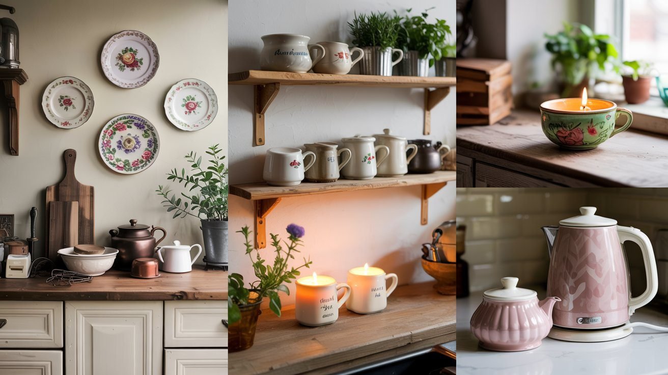 Collage of budget kitchen decor using thrifted ceramics: vintage plates on a wall, mismatched mugs on shelves, a teacup candle, and a mix of modern and antique pieces.