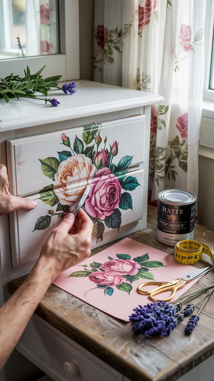 Applying a floral transfer to a painted dresser drawer using a rubbing stick. Soft pastel floral design on green background