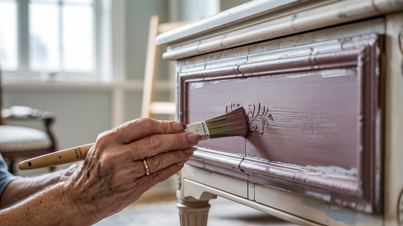 A beautifully painted dresser with neutral decor and paint tools nearby, showcasing a furniture makeover using top paint brands
