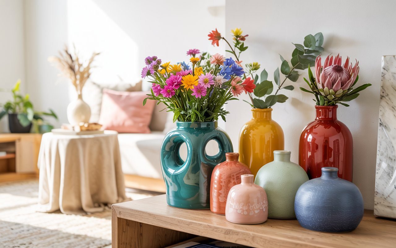 A mix of colorful ceramic vases — teal, yellow, coral pink, red, mint, and ocean blue — displayed on a linen-covered table and floating wooden shelf, styled with wildflowers and dried grasses in a cozy, light-filled modern living room.