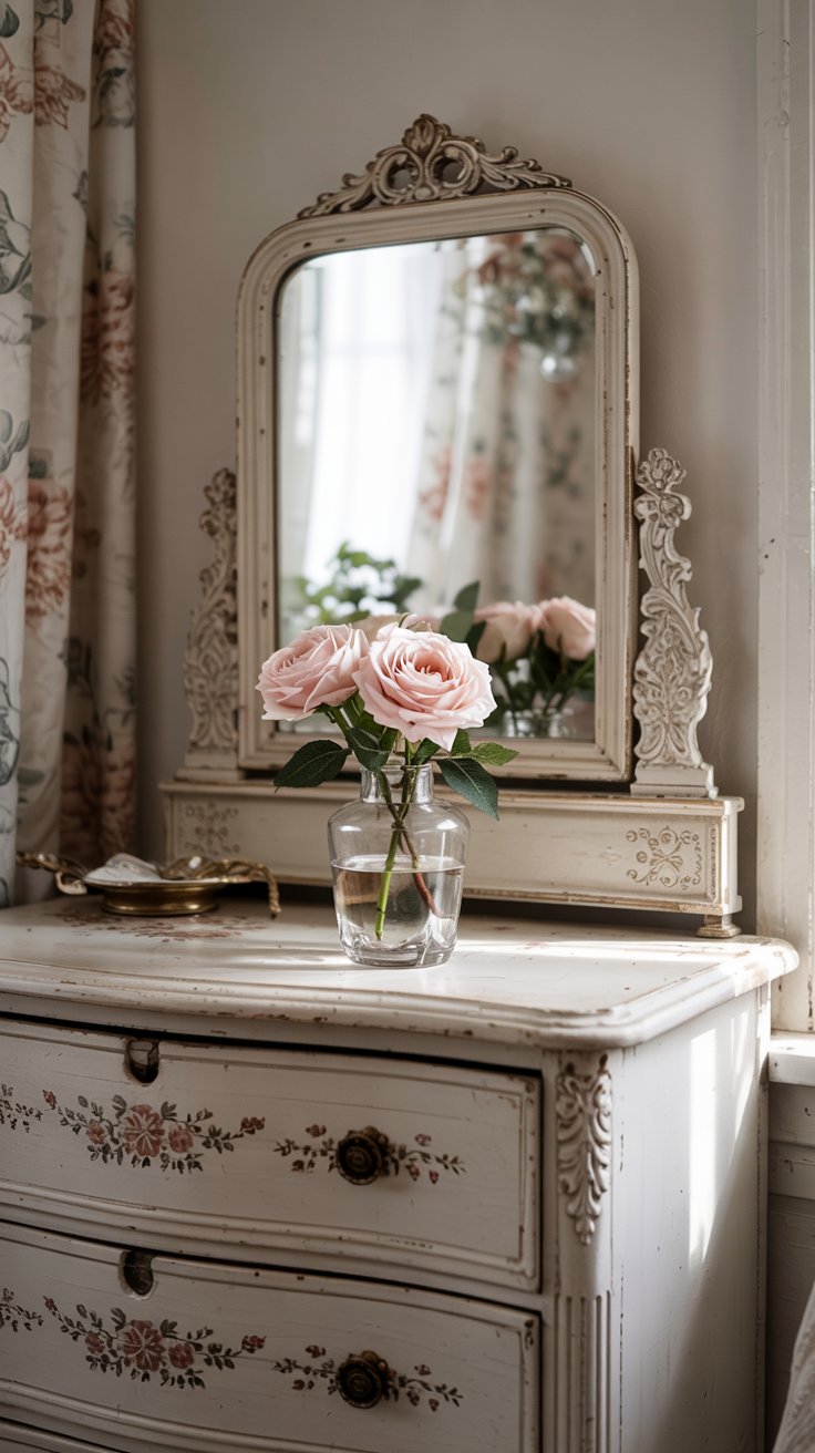 Antique whitewashed dresser with subtle hand-painted pink roses and vintage-style handles, styled in a minimalist room
