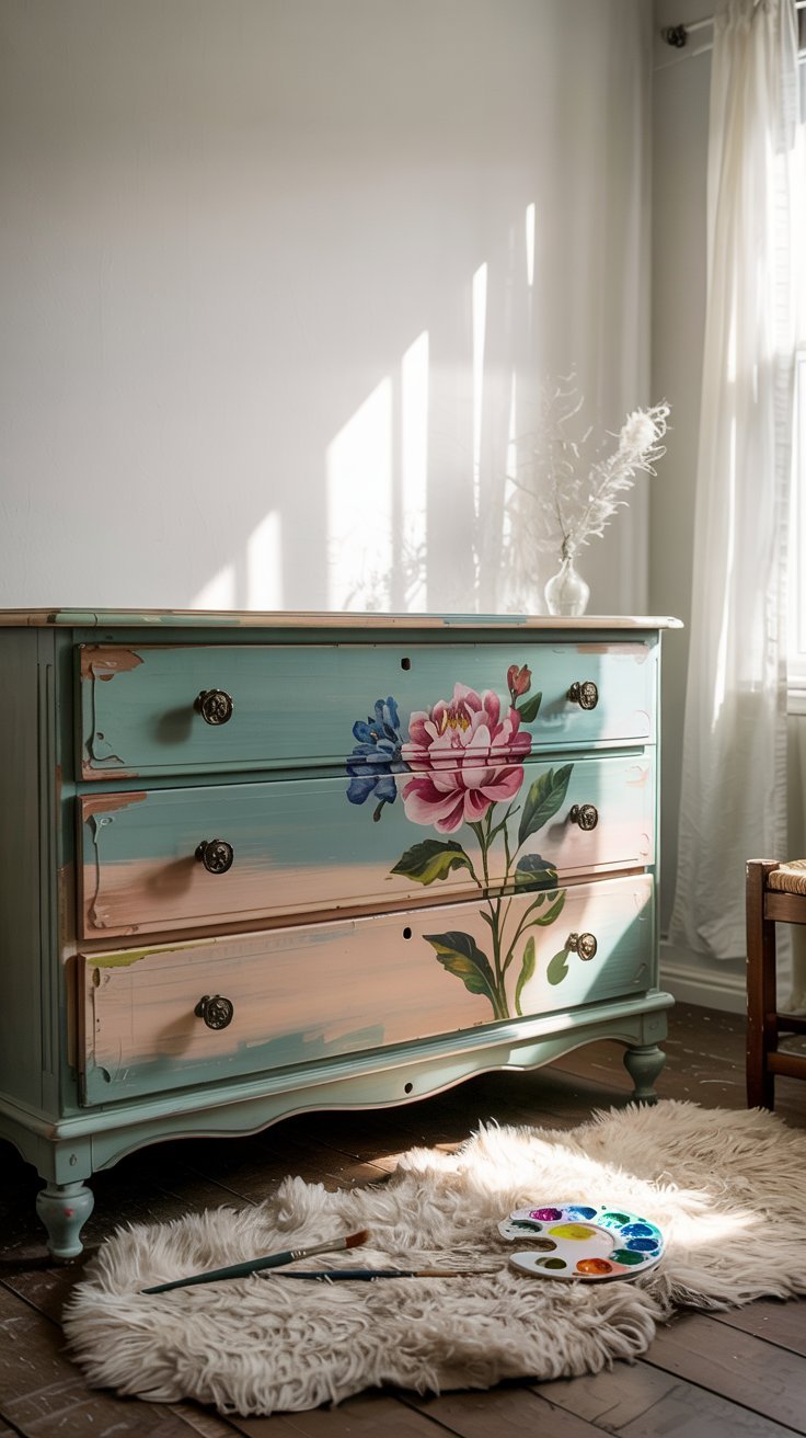 Woman hand painting wildflowers on a pastel dresser using a fine brush and chalk paint