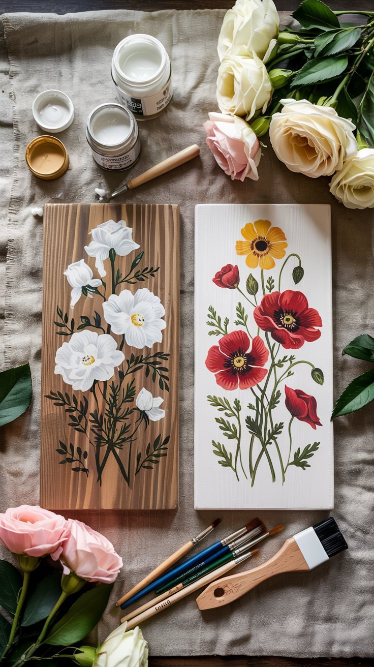 Side-by-side dresser showing floral transfers on one half and hand-painted flowers on the other