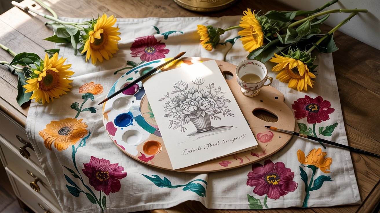 Flat lay of a floral painting setup featuring sunflowers, a paint palette, sketch of a floral bouquet labeled "Delicate Floral Bergamot," and hand-painted fabric with vibrant blooms.