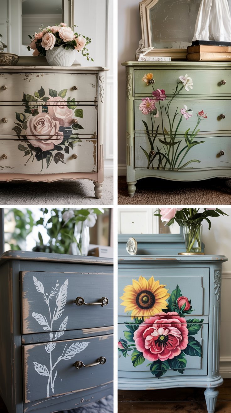 Collage of four furniture floral styles: vintage roses, wildflowers, botanical linework, and bold peonies