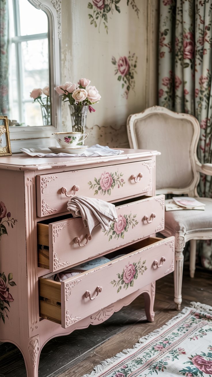 Pastel-painted vintage dresser with delicate rose motifs and distressed edges, styled in a cozy, light-filled bedroom