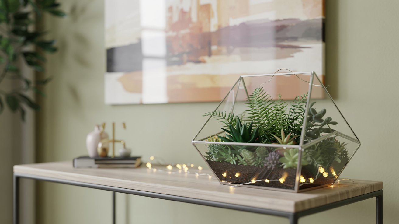 Glass terrarium with succulents on a modern coffee table, styled in a minimalist living room — terrarium styling tips for modern interiors.