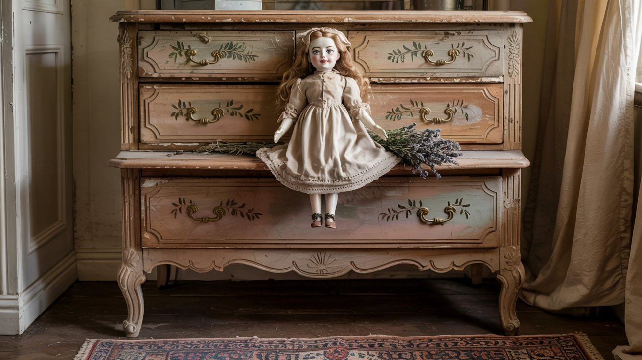 Painting supplies laid out for refinishing a vintage dresser, including sandpaper, primer, chalk paint, and brushes.