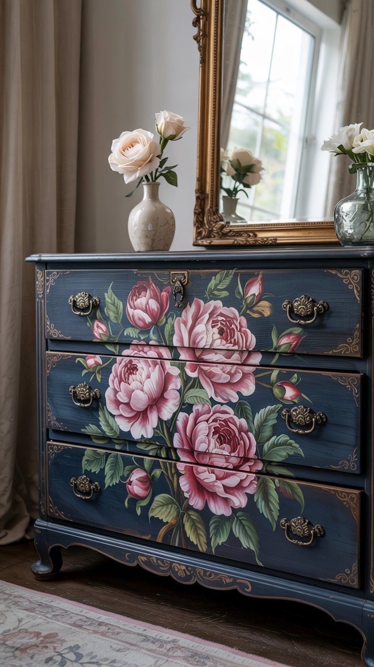 Navy blue vintage dresser with bold hand-painted peonies and ceramic knobs, creating a moody, romantic vibe