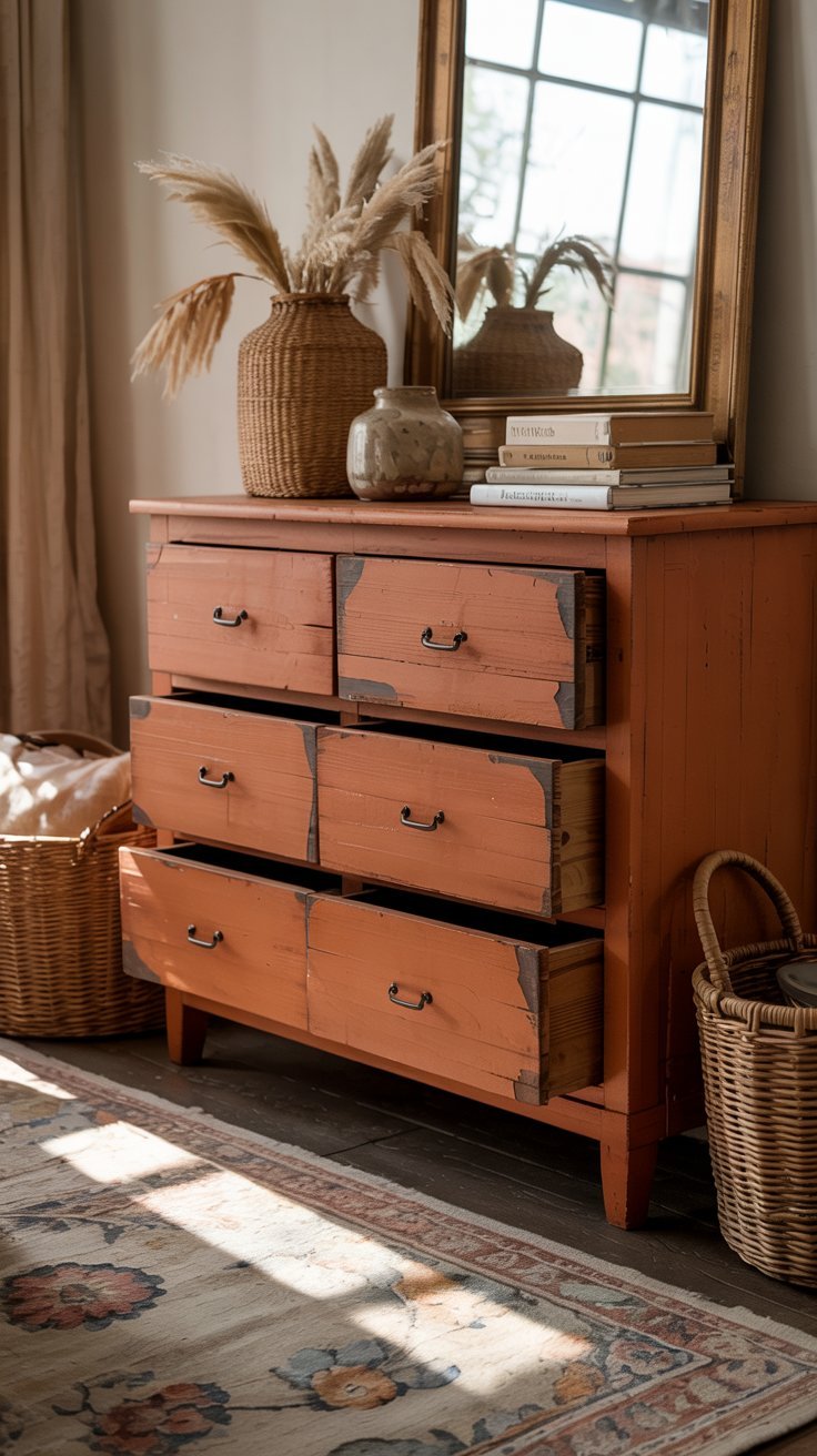 Rustic vintage dresser with a weathered dusty blue finish, styled with wildflowers, woven baskets, and cozy farmhouse decor.