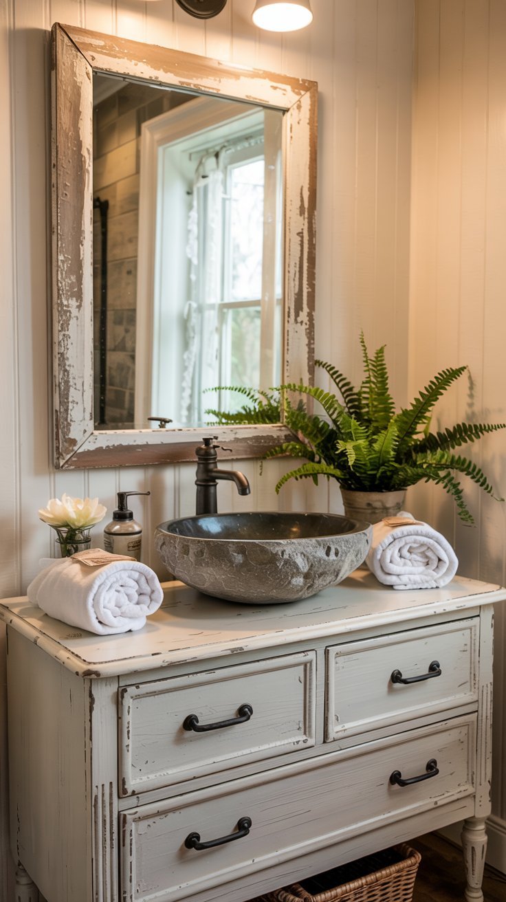 Vintage painted dresser repurposed into a charming farmhouse bathroom vanity with a built-in sink and rustic decor