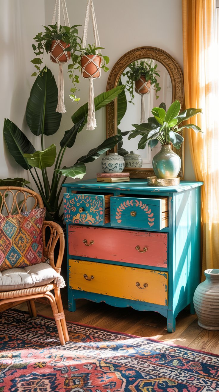 Eclectic vintage dresser with mismatched multi-colored drawers featuring sunflower and daisy patterns in a vibrant boho-style room