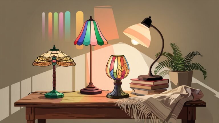 A collage of various stylish table lamps including a vintage stained glass lamp, a modern desk lamp, and a charming colored glass lamp showcasing their designs and warm glow