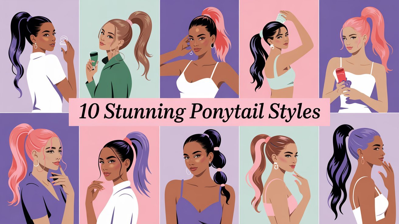 Collage of 10 different ponytail styles including Classic Mid-Level, High Voluminous, Low Sleek, Bubble, Twisted Side, Braided Base, Half-Up, Curled, High Double with Bangs, and Messy Bedhead ponytail, showcasing chic and easy hair solutions