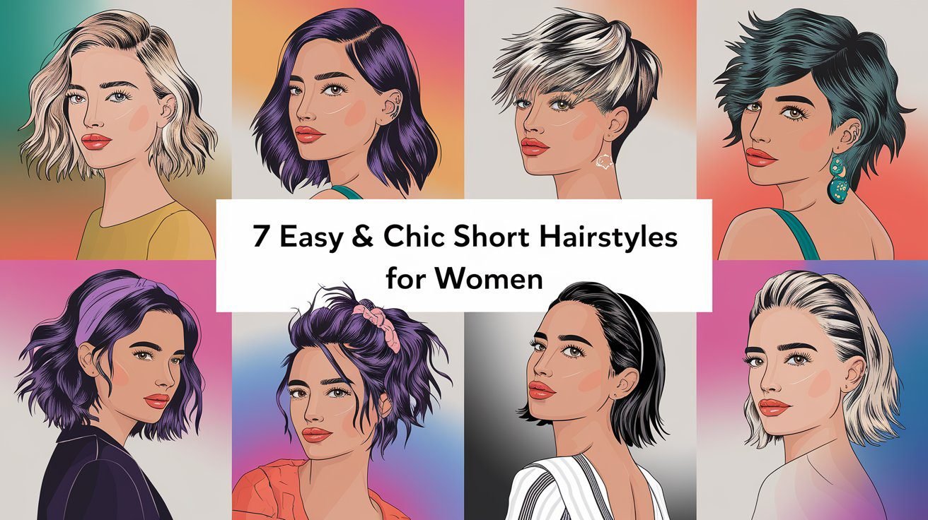A collage of seven stylish short hairstyles for women. Each hairstyle showcases unique looks, including soft waves, a sleek side part, a messy pixie, half-up volume, curled ends, a slicked-back wet look, and an accessorized hairstyle with headbands. Perfect for various occasions from casual to formal.