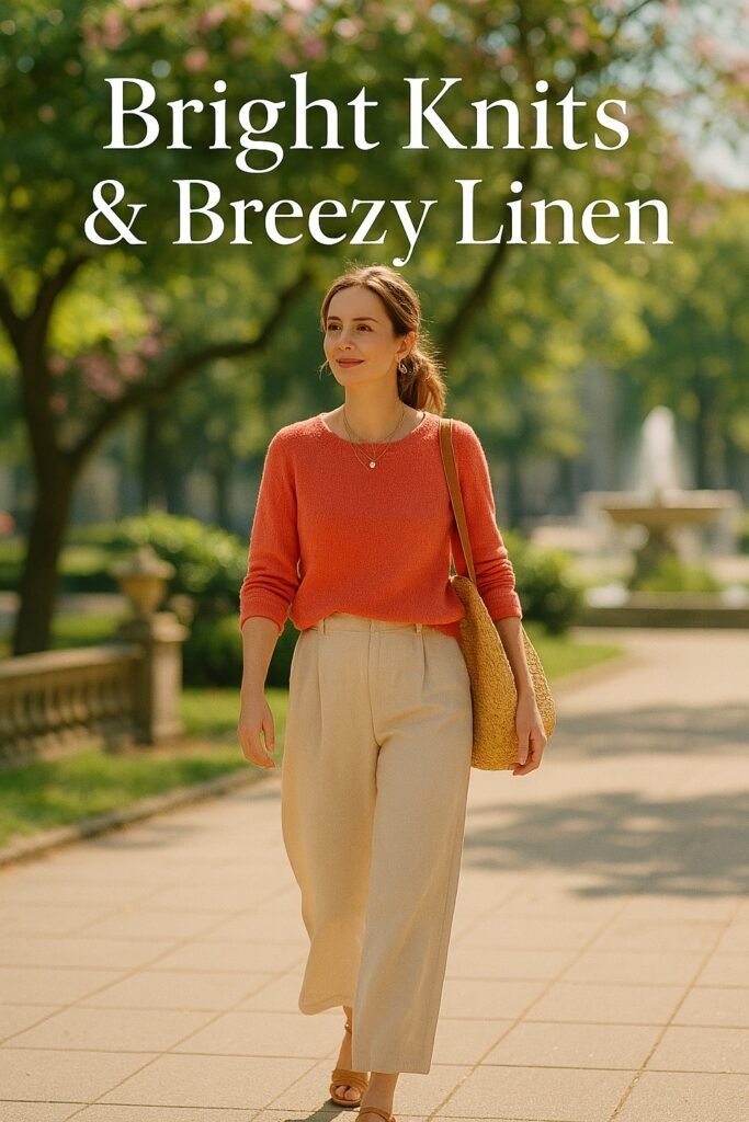 Woman in beige linen pants and bright coral sweater walking through a spring plaza with tan sandals and a straw tote.