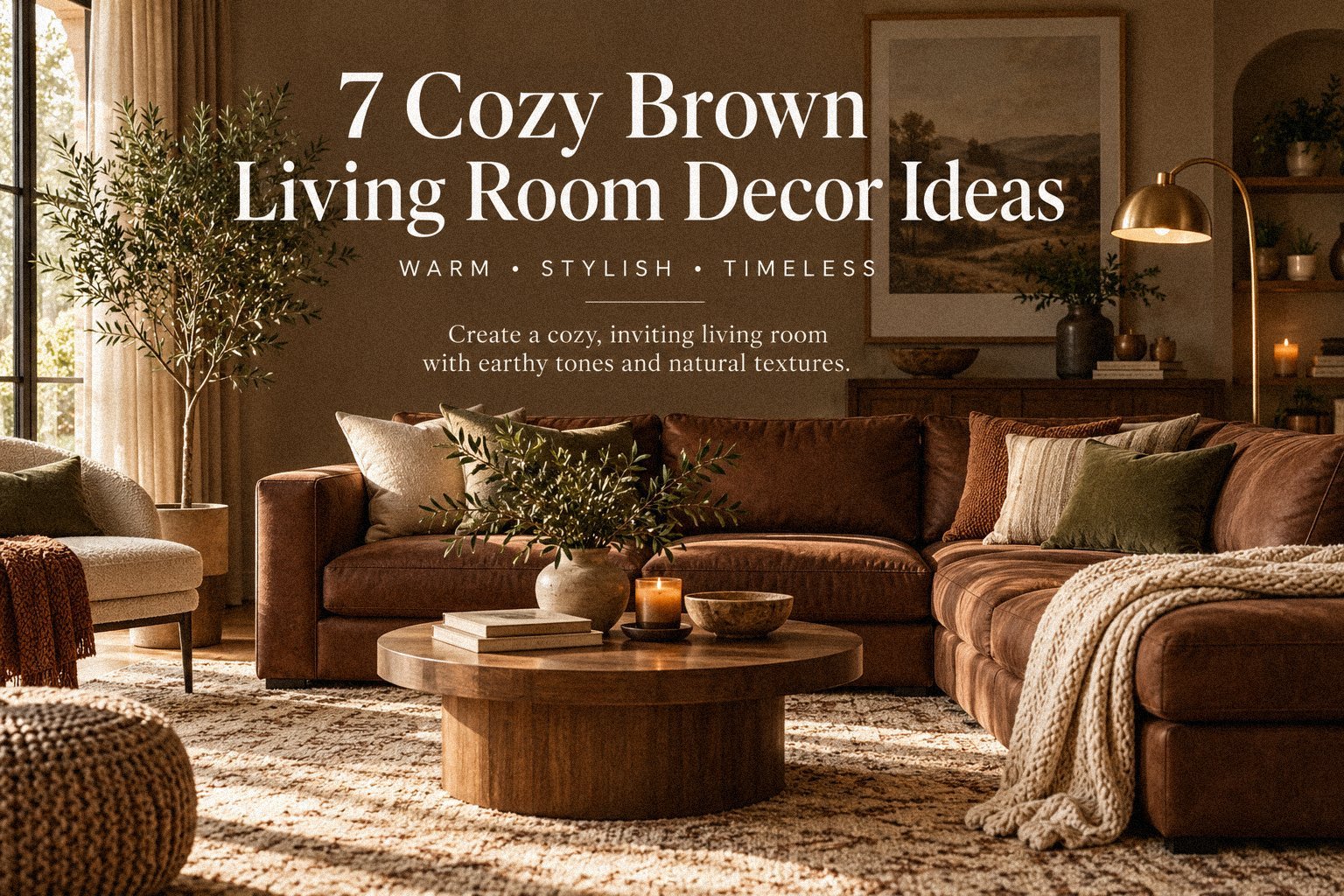 Cozy brown living room with layered neutral textiles, warm wood accents and soft natural light