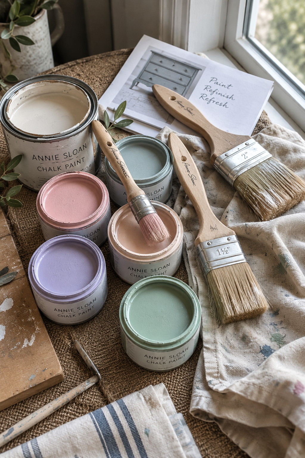 Vintage dresser painting supplies with chalk paint, paint brushes, sandpaper, and drop cloth arranged by a window.