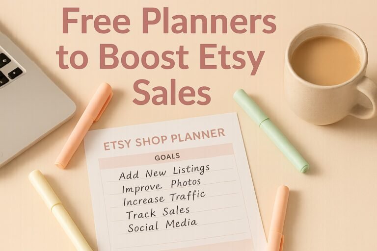A bright flat lay of a digital and paper planner setup with pastel pens and coffee — perfect for Etsy sellers planning their week