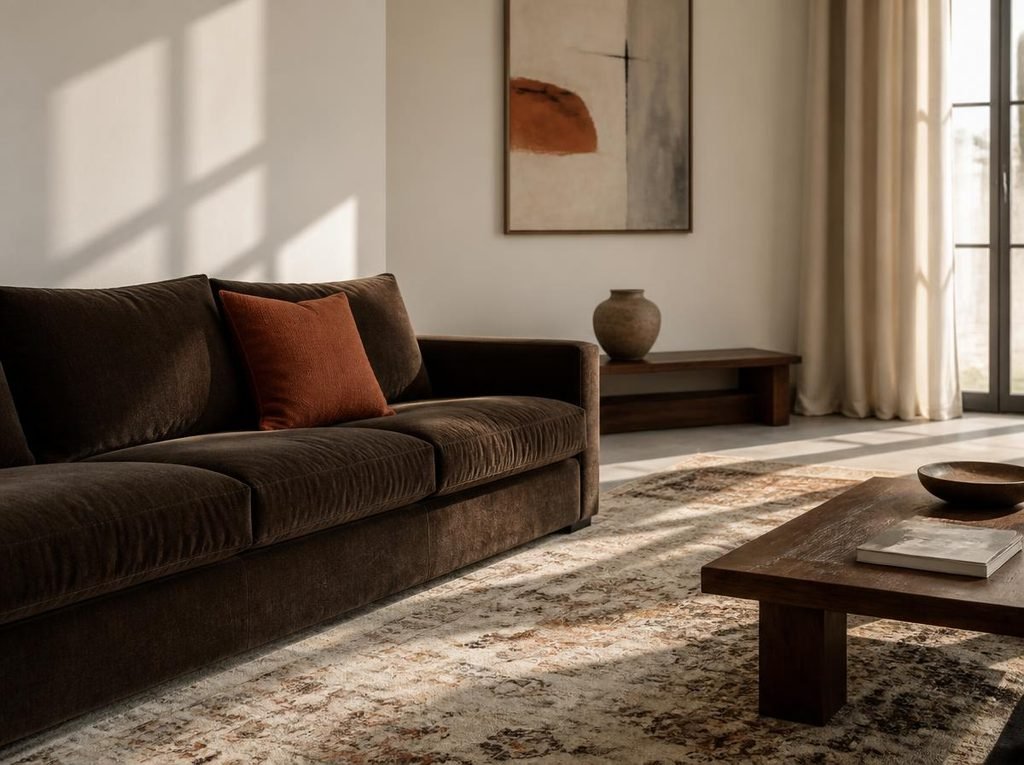 Brown fabric sofa styled with rust, cream and neutral accent pillows in a cozy earthy living room