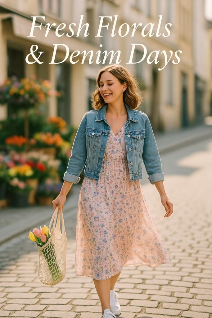 A woman wearing a pastel floral midi dress with a cropped denim jacket and white sneakers, carrying a tote of tulips on a sunny spring stre