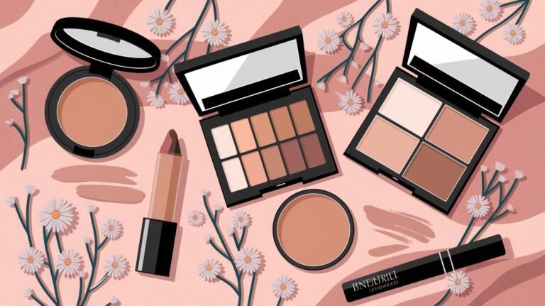 A colorful collage showcasing five essential monochromatic nude makeup products including a multi-use cream tint, a neutral eyeshadow palette, a nude lip crayon, a lightweight base, and a subtle radiance highlighter on a soft pink floral background