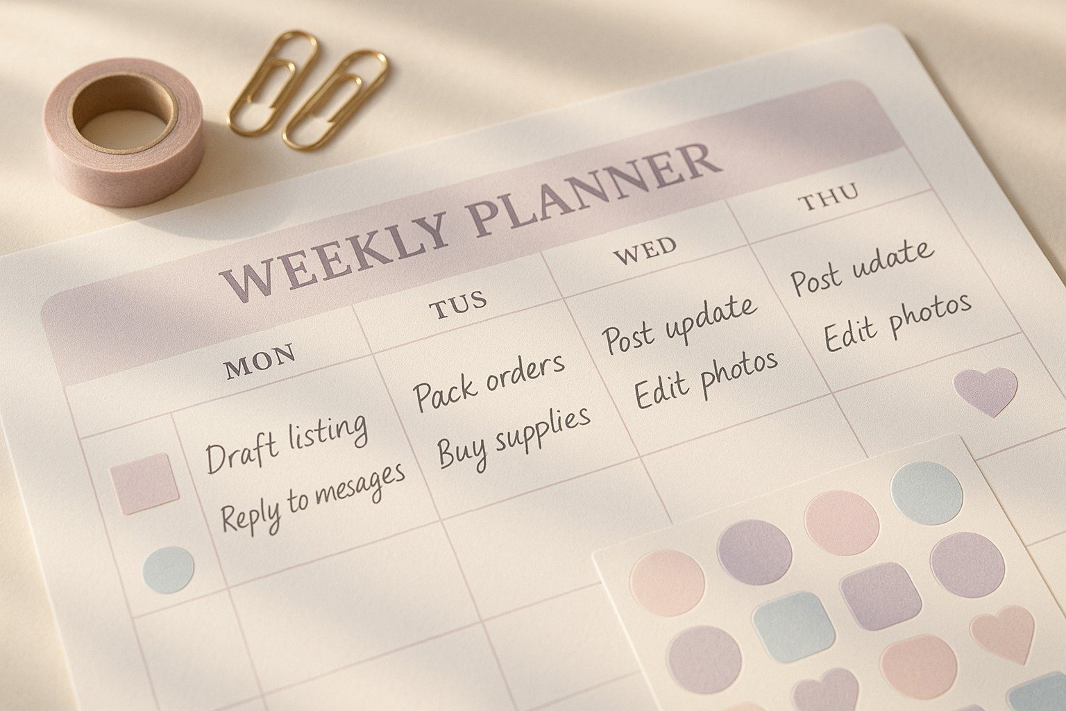 Weekly planner mockup showing top goals and daily action steps for an Etsy shop