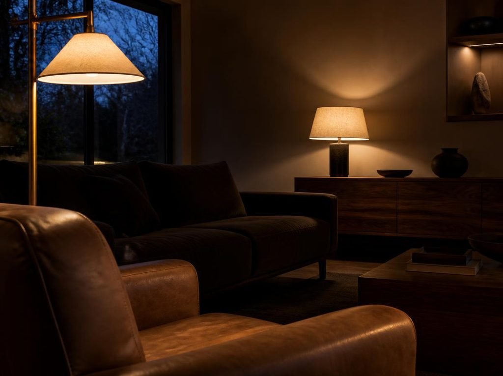 Warm layered lighting in a cozy brown living room with a floor lamp, table lamp and soft ambient light