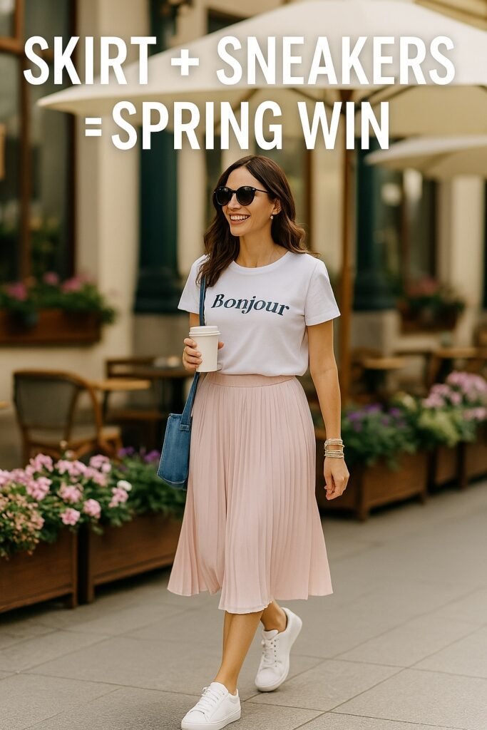 Woman in her 30s wearing a pleated pastel midi skirt, slogan tee, and white sneakers, walking through a sunny spring street café setting with a coffee cup.