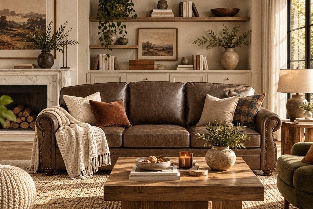 Brown leather sofa styled with cream and rust pillows, a chunky knit throw, warm wood furniture and earthy living room decor
