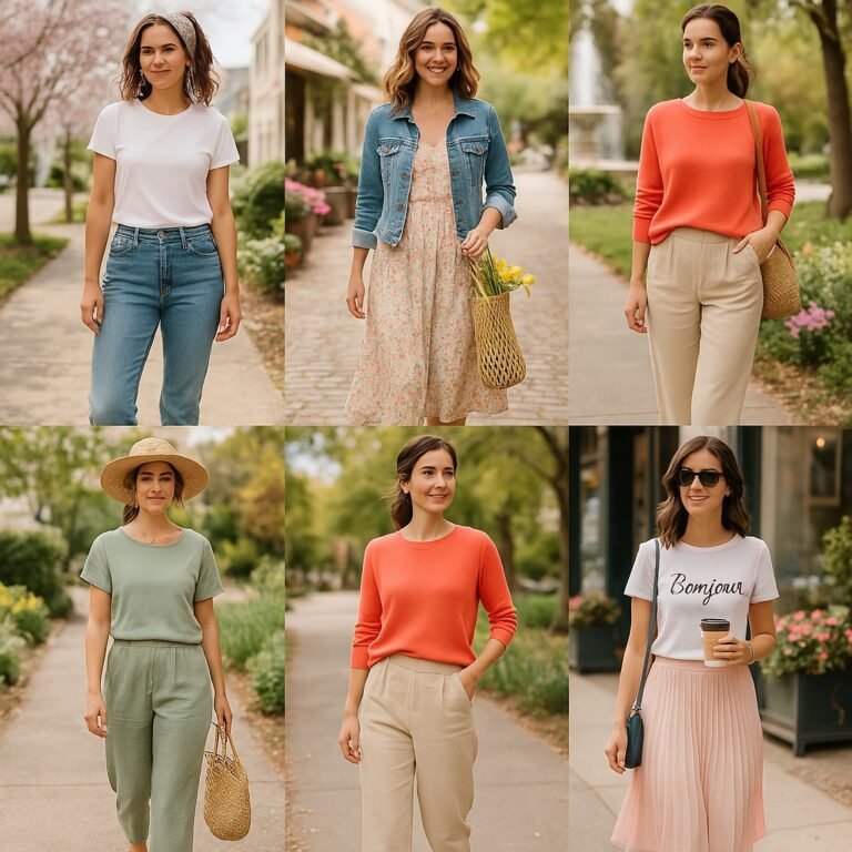 Collage of spring outfits including denim, florals, linen pants, jumpsuits, and skirts, modeled by stylish women in their 30s and 40s in outdoor spring settings.