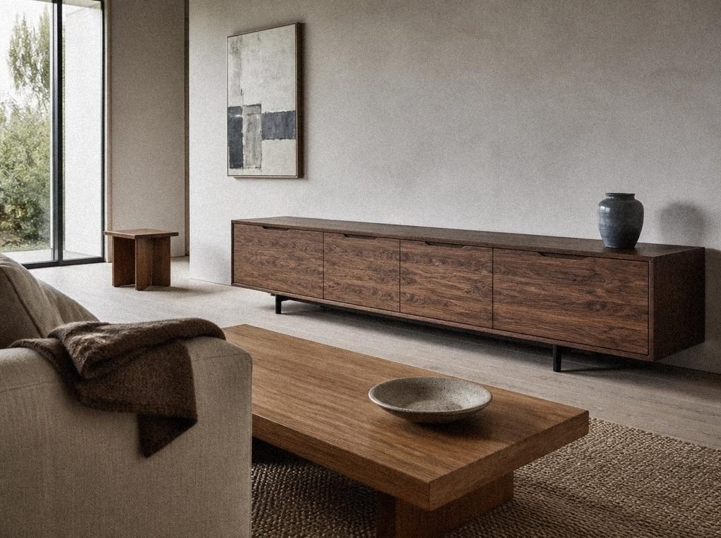 Walnut media console styled in a warm brown living room with natural wood tones and neutral decor
