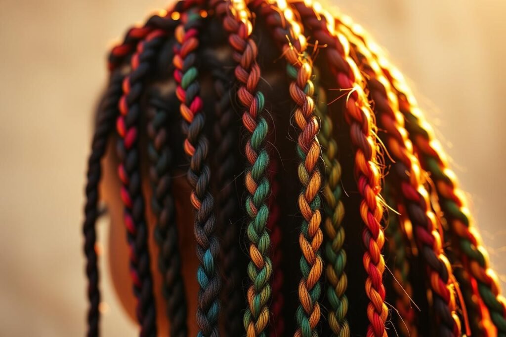 A beautiful close-up of colorful knotless braids against a soft, out-of-focus background. The braids are intricately woven in a variety of vibrant hues, including vivid reds, blues, greens, and yellows, creating a mesmerizing and eye-catching arrangement. The lighting is warm and natural, casting a golden glow on the intricate hairstyle. The focus is sharp on the braids, drawing the viewer's attention to the skilled craftsmanship and the alluring, trendy style. The overall mood is one of elegance, vibrancy, and a sense of joyful self-expression.