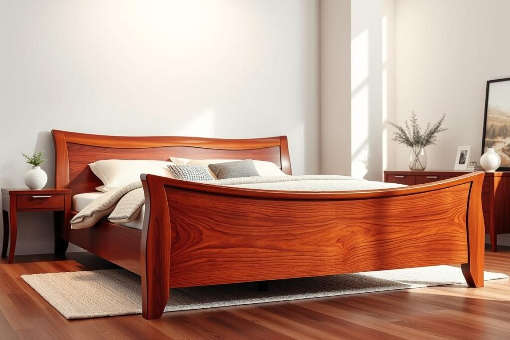 A beautifully crafted cherry wood bed frame stands tall, its rich, warm tones and intricate grain patterns commanding attention. Elegant curved headboard and footboard create a timeless, sophisticated silhouette, while the sturdy, expertly-joined construction ensures lasting durability. Soft, diffused lighting casts a gentle glow, highlighting the wood's natural luster and inviting a sense of tranquility. The bed is positioned in a spacious, minimalist bedroom setting, allowing the frame to be the star of the show. Clean lines, neutral tones, and carefully-placed decor elements complement the cherry wood's classic charm, creating a harmonious, elegant atmosphere. A beautifully crafted cherry wood bed frame stands tall, its rich, warm tones and intricate grain patterns commanding attention. Elegant curved headboard and footboard create a timeless, sophisticated silhouette, while the sturdy, expertly-joined construction ensures lasting durability. Soft, diffused lighting casts a gentle glow, highlighting the wood's natural luster and inviting a sense of tranquility. The bed is positioned in a spacious, minimalist bedroom setting, allowing the frame to be the star of the show. Clean lines, neutral tones, and carefully-placed decor elements complement the cherry wood's classic charm, creating a harmonious, elegant atmosphere.