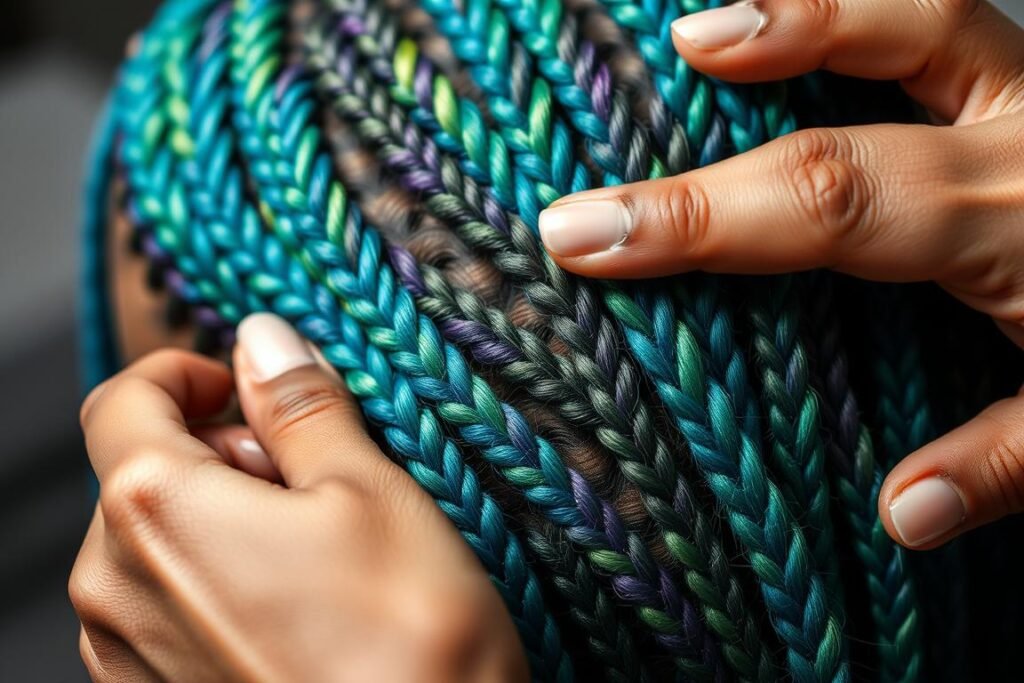 A close-up view of skilled hands intricately weaving colorful knotless braids, showcasing the meticulous installation process. The braids, in a vibrant palette of blues, greens, and purples, are meticulously sculpted into a captivating pattern, creating a visually striking and intricate hairstyle. Soft, diffused lighting illuminates the scene, highlighting the delicate textural details of the hair strands and the deft movements of the stylist's fingers. The background is blurred, placing the focus entirely on the mesmerizing installation technique, as if frozen in time to reveal the artistry and precision required to achieve this stunning, trendy hairstyle.