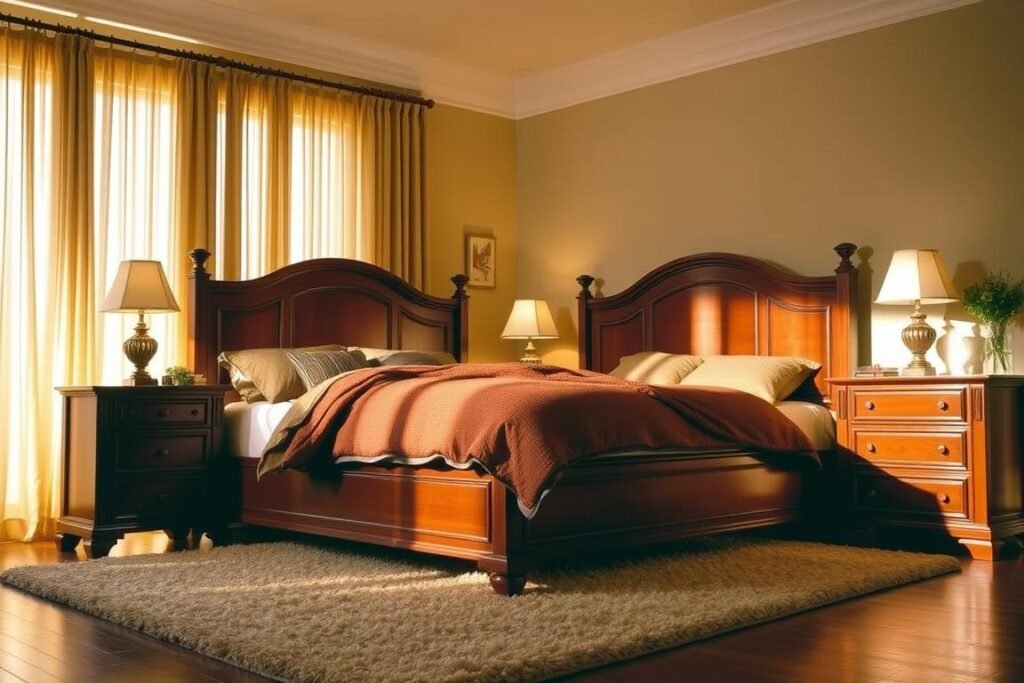 A cozy and inviting cherry wood bedroom set, bathed in warm, golden light filtering through sheer curtains. The elegant bed frame, nightstands, and dresser are complemented by plush, textured bedding in rich hues. A touch of greenery, such as a potted plant, adds a natural element, while a soft, plush rug anchors the space. The overall atmosphere is one of relaxation and sophistication, showcasing the timeless appeal of cherry wood furniture. A cozy and inviting cherry wood bedroom set, bathed in warm, golden light filtering through sheer curtains. The elegant bed frame, nightstands, and dresser are complemented by plush, textured bedding in rich hues. A touch of greenery, such as a potted plant, adds a natural element, while a soft, plush rug anchors the space. The overall atmosphere is one of relaxation and sophistication, showcasing the timeless appeal of cherry wood furniture.
