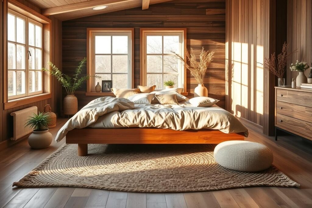 A cozy and tranquil organic bedroom with warm natural lighting filtering through large windows. The focal point is a wooden platform bed dressed in lush, earthy bedding and accented with plush textiles in muted tones. Surrounding the bed are delicate potted plants and dried floral arrangements, creating a soothing, biophilic atmosphere. The floors are covered in a woven natural fiber rug, and the walls feature reclaimed wood paneling. Minimalist wooden nightstands and a dresser complete the calming, rustic aesthetic. The overall impression is one of serene harmony, inviting the viewer to experience a restful, restorative sleep in this sanctuary.