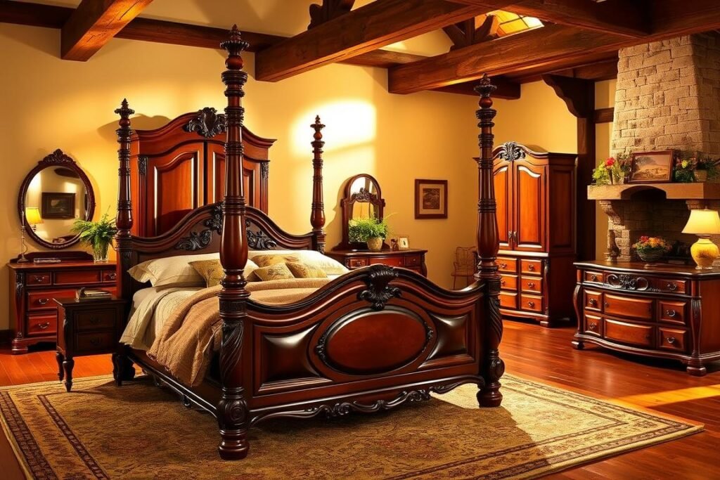 A cozy bedroom filled with elegant cherry wood furniture, bathed in warm golden light. In the foreground, a beautifully carved four-poster bed with plush bedding, accompanied by a stately cherry armoire and a delicate vanity table. In the middle ground, a rustic cherry dresser and nightstands, complemented by lush potted plants. The background showcases the room's architectural details, such as exposed wooden beams and a charming fireplace mantel, creating a harmonious blend of classic and modern elements. The overall atmosphere is one of refined sophistication and timeless beauty. A cozy bedroom filled with elegant cherry wood furniture, bathed in warm golden light. In the foreground, a beautifully carved four-poster bed with plush bedding, accompanied by a stately cherry armoire and a delicate vanity table. In the middle ground, a rustic cherry dresser and nightstands, complemented by lush potted plants. The background showcases the room's architectural details, such as exposed wooden beams and a charming fireplace mantel, creating a harmonious blend of classic and modern elements. The overall atmosphere is one of refined sophistication and timeless beauty.