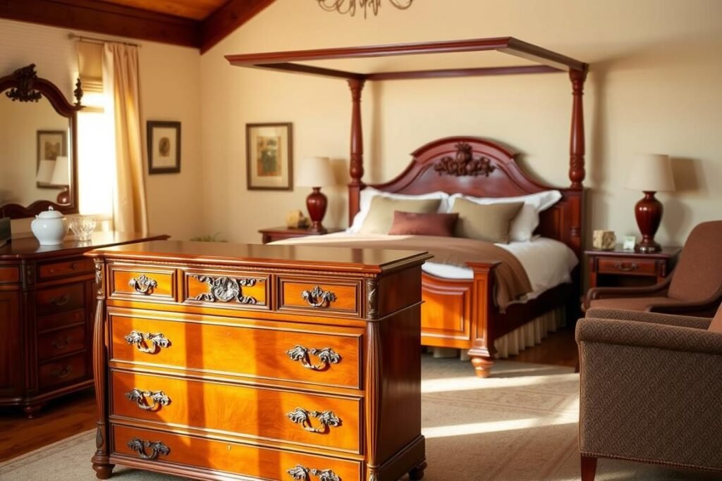A cozy cherry wood bedroom suite bathed in warm, soft lighting. In the foreground, a sturdy chest of drawers with intricate carved details. Behind it, a majestic four-poster bed with plush bedding and decorative accents. In the background, a set of matching side tables and an armchair provide a harmonious flow. The scene evokes a sense of timeless elegance and classic charm, inviting contemplation of budget-friendly ways to incorporate cherry wood furniture into a serene, inviting bedroom space. A cozy cherry wood bedroom suite bathed in warm, soft lighting. In the foreground, a sturdy chest of drawers with intricate carved details. Behind it, a majestic four-poster bed with plush bedding and decorative accents. In the background, a set of matching side tables and an armchair provide a harmonious flow. The scene evokes a sense of timeless elegance and classic charm, inviting contemplation of budget-friendly ways to incorporate cherry wood furniture into a serene, inviting bedroom space.