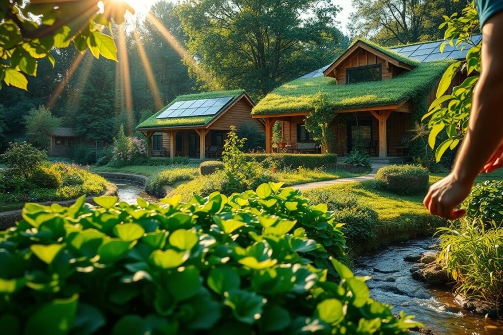 A lush, verdant garden with sunlight filtering through the leaves, showcasing an organic, sustainable home nestled amidst thriving flora. In the foreground, a person gently tends to a flourishing vegetable patch, their hands caressed by the soil. The middle ground features a charming, eco-friendly home with a living roof, solar panels, and natural materials blending seamlessly with the surrounding landscape. In the background, a gentle stream winds its way through the serene setting, highlighting the harmonious integration of the home with the natural environment. The atmosphere is one of tranquility and balance, capturing the essence of sustainable, organic home maintenance throughout the seasons.