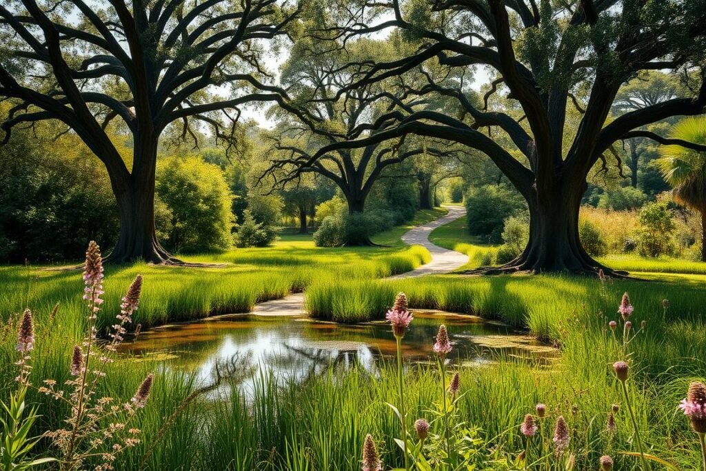 A lush, verdant landscape with a tranquil pond at the center, surrounded by native wildflowers and grasses swaying gently in the breeze. Towering oak trees dot the scene, casting dappled sunlight across the serene setting. In the distance, a winding path leads deeper into a thicket of vibrant foliage, hinting at the abundance of natural wonders beyond. The entire composition is bathed in a warm, golden glow, creating a serene and inviting atmosphere that evokes a sense of harmony with the earth. Captured with a wide-angle lens to showcase the breathtaking scale of this organic oasis.