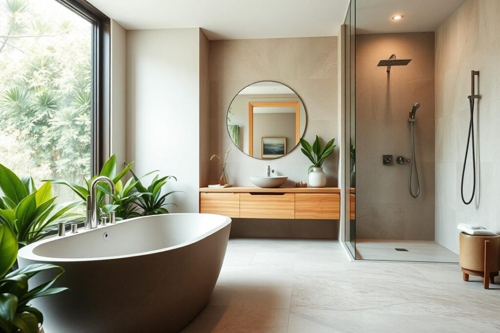 A serene, eco-conscious bathroom design with a focus on water conservation and natural elements. The foreground features a freestanding bathtub made of smooth, organic stone, surrounded by lush greenery in elegant planters. The middle ground showcases a vanity with a natural wood countertop and minimalist fixtures, complemented by a large window that allows abundant natural light to flood the space. In the background, a wall-mounted, low-flow showerhead is visible, alongside natural stone tiles that create a calming, earthy ambiance. The overall lighting is soft and diffused, accentuating the bathroom's peaceful, spa-like atmosphere.