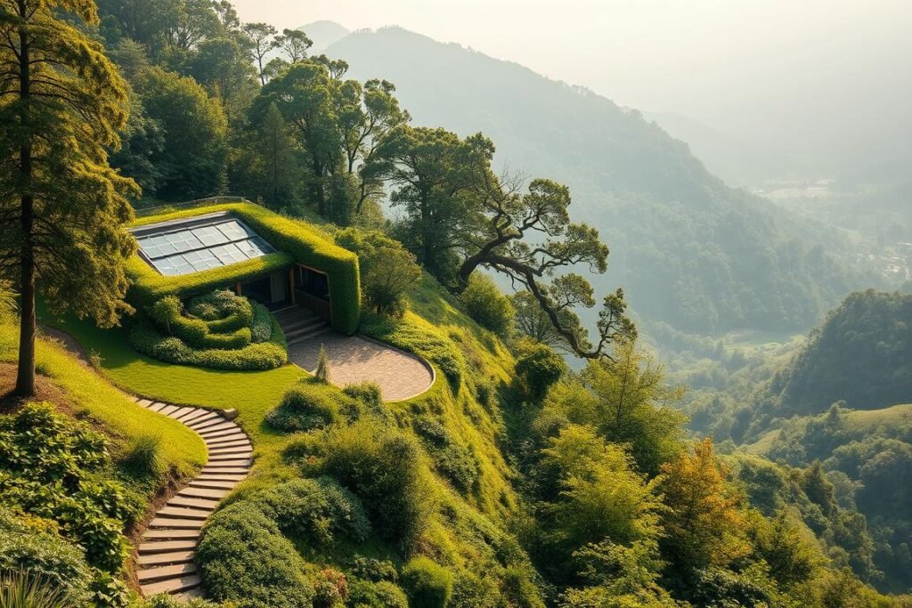 A serene, lush hillside overlooking a tranquil valley, with a modern, eco-friendly home nestled amongst the verdant foliage. The residence features large windows, a green roof, and solar panels, seamlessly blending with the natural surroundings. A winding path leads to the home, flanked by flourishing gardens and towering trees. Soft, diffused sunlight filters through the canopy, casting a warm, inviting glow on the scene. The overall atmosphere conveys a sense of harmony, sustainability, and a deep connection to the land.